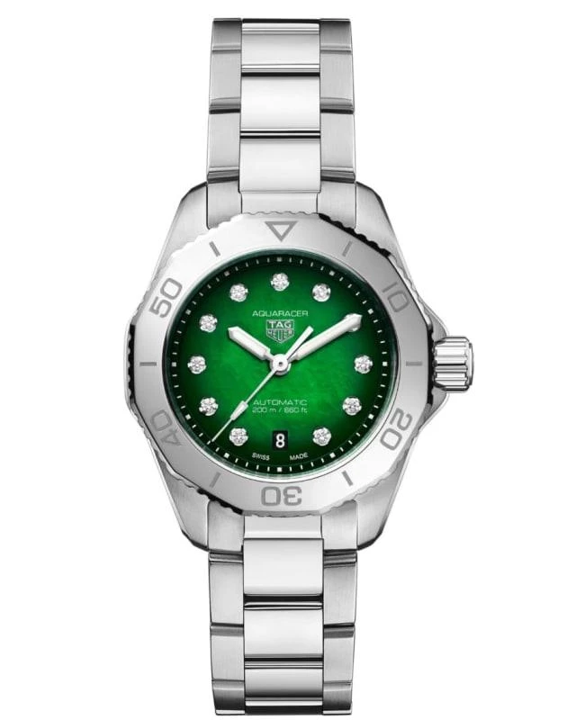 商品TAG Heuer|Tag Heuer Aquaracer Professional 200 Smokey Green Diamond Dial Steel Women's Watch WBP2415.BA0622,价格¥20823,第1张图片