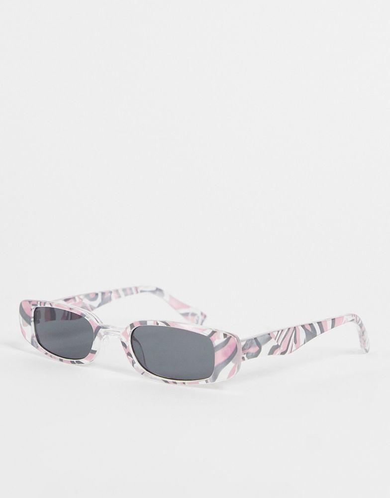 ASOS DESIGN slim rectangle sunglasses with smoke lens in pink marble effect - MULTI商品第1张图片规格展示