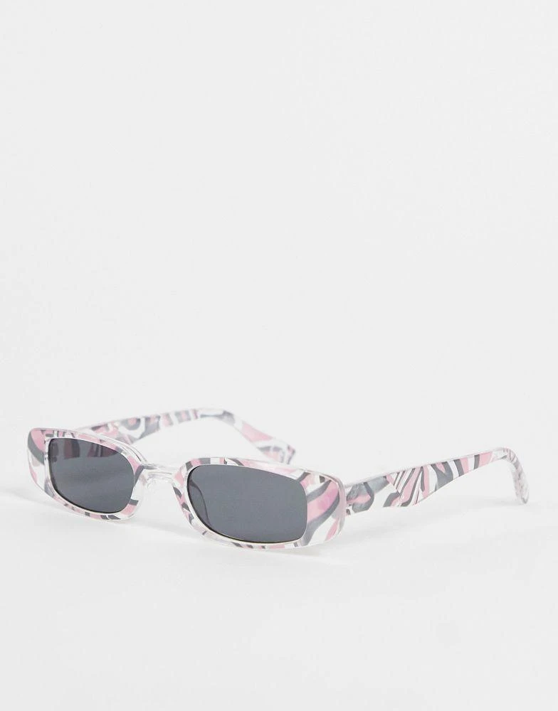 商品ASOS|ASOS DESIGN slim rectangle sunglasses with smoke lens in pink marble effect - MULTI,价格¥53,第1张图片