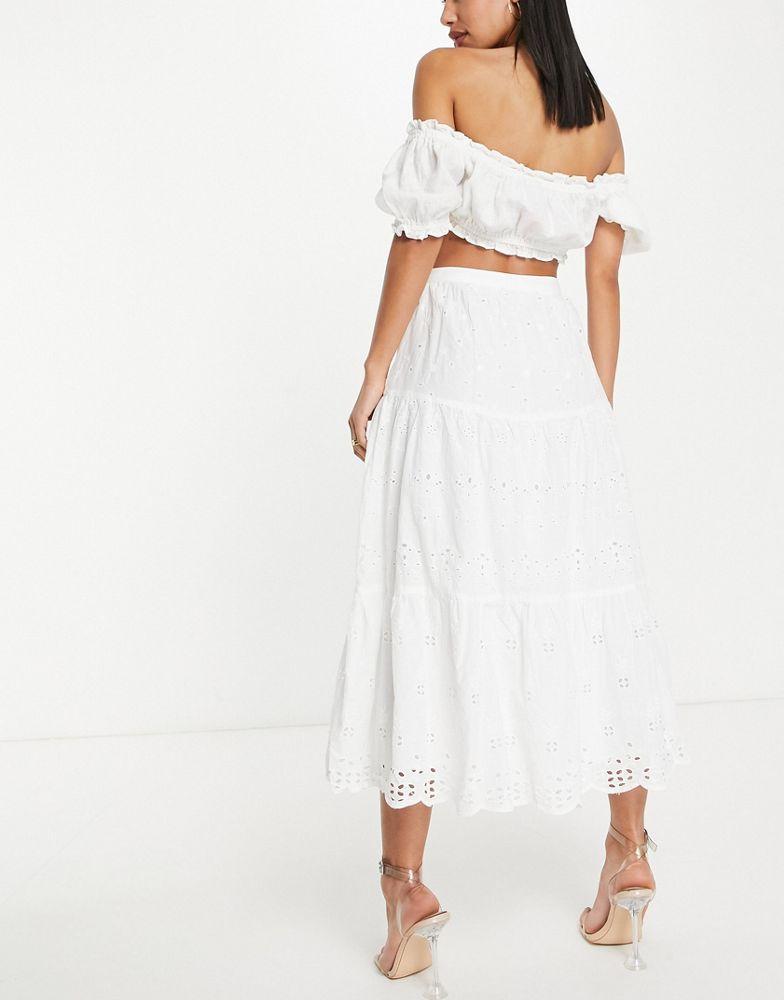 French Connection cotton tiered maxi skirt in white embroidery - WHITE商品第2张图片规格展示