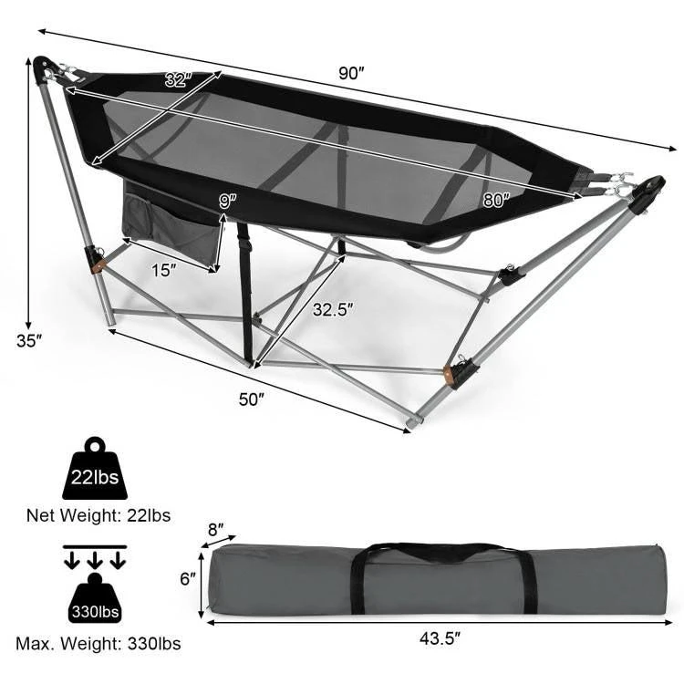 商品QuikFurn|Black Portable Camping Foldable Hammock with Stand and Carry Case,价格¥1816,第4张图片详细描述