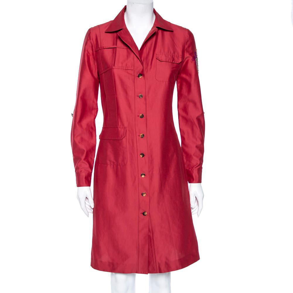 商品[二手商品] Kenzo|Kenzo Red Cotton Embroidered Sleeve Detail Short Shirt Dress M,价格¥768,第1张图片