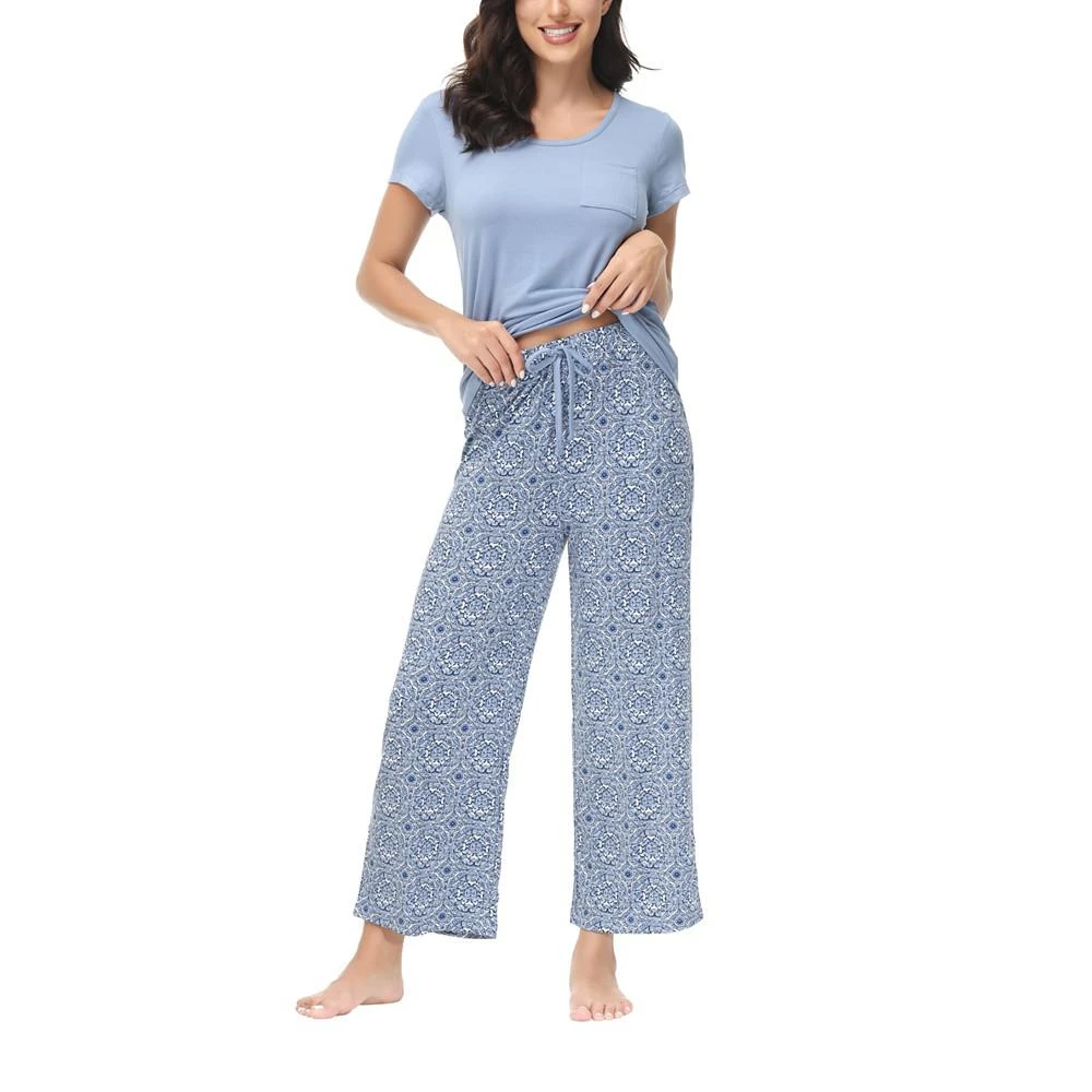 Women's Solid Short Sleeve Top with The Cropped Wide Leg Pants 2 Piece Pajama Set 商品