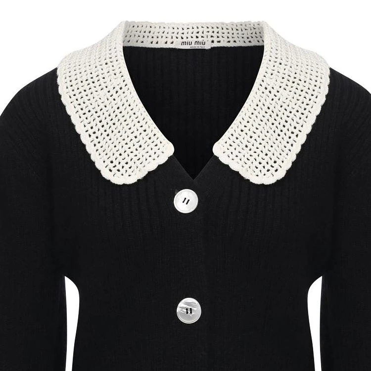 商品[国内直发] Miu Miu|拼色翻领针织短款短袖开衫毛衣 女款 黑色,价格¥4058,第7张图片详细描述