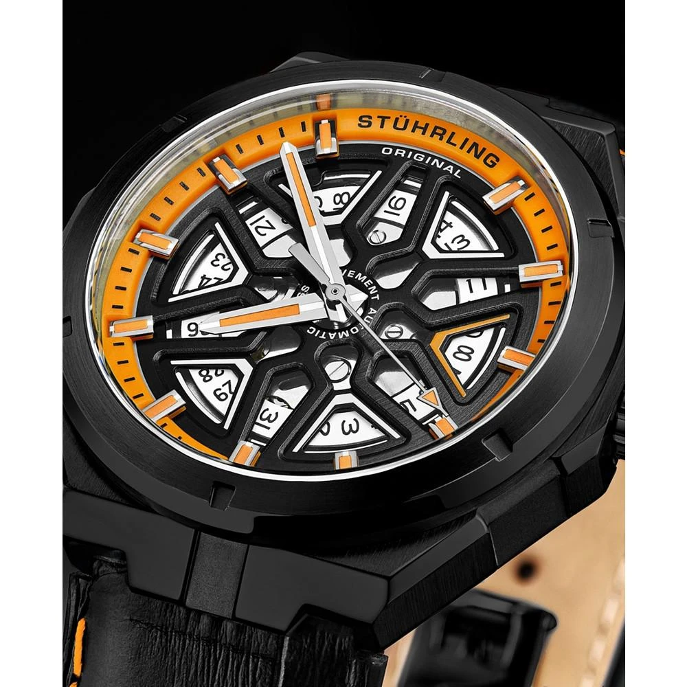 商品Stuhrling|Men's Automatic Orange Alligator Embossed Genuine Leather Strap with Black Stitching Watch 44mm,价格¥2967,第4张图片详细描述
