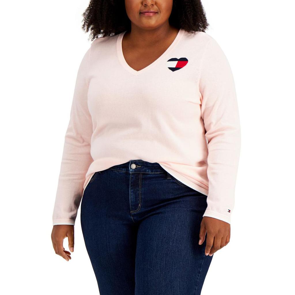 Tommy Hilfiger Womens Plus Knit Logo V-Neck Sweater商品第1张图片规格展示