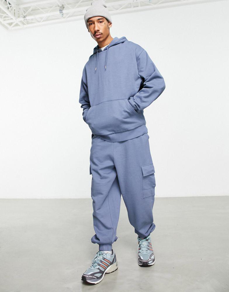 ASOS DESIGN oversized hoodie and oversized joggers with cargo pocket tracksuit in blue商品第1张图片规格展示