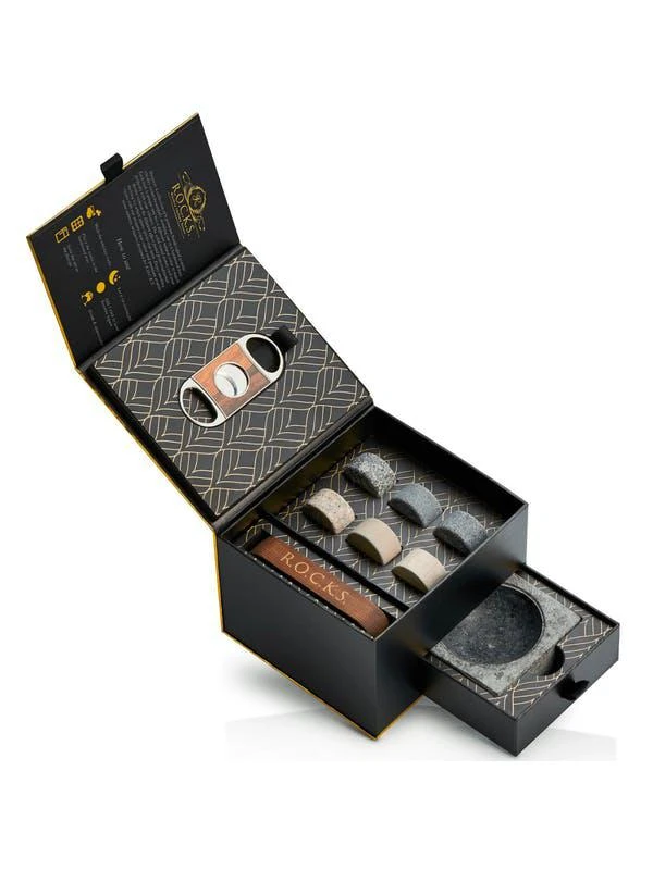 商品ROCKS Whiskey Chilling Stones|Whiskey Stones Gift Set with Cigar Cutter & Cigar Ashtray,价格¥489,第1张图片