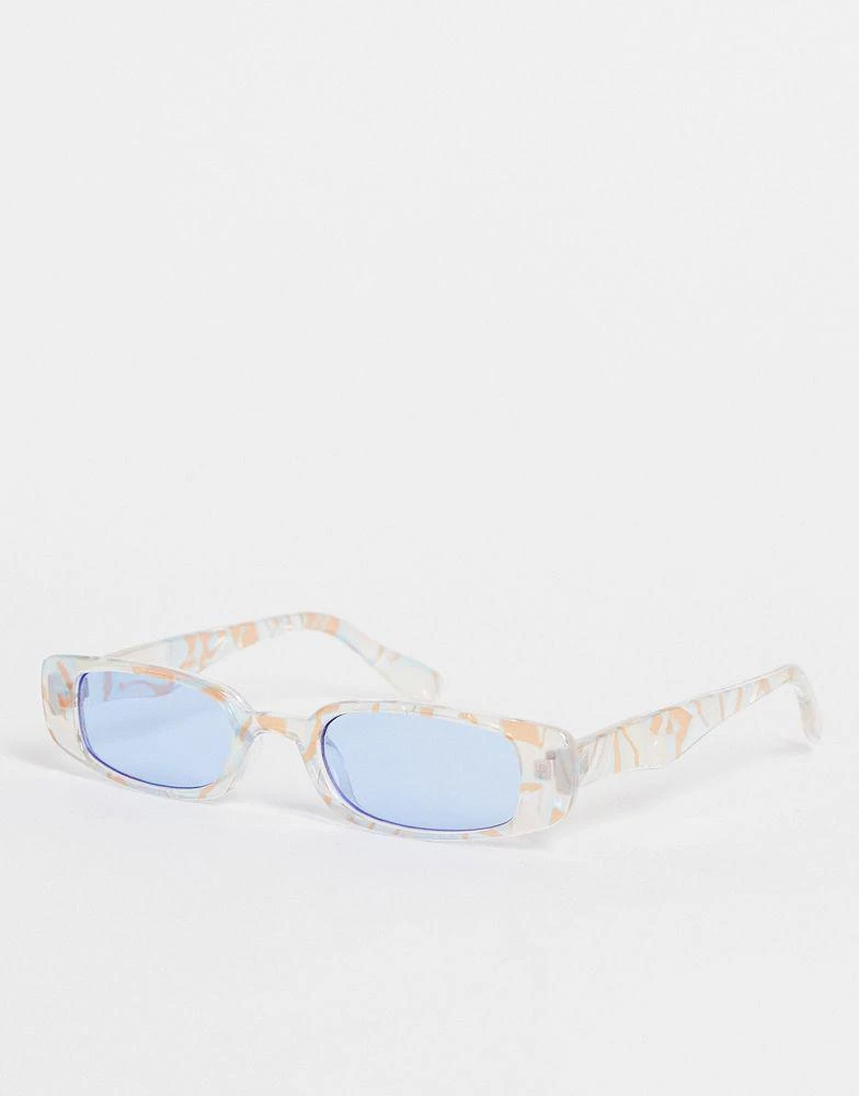 商品ASOS|ASOS DESIGN slim rectangle sunglasses with blue lens in pastel marble effect - MULTI,价格¥63,第1张图片