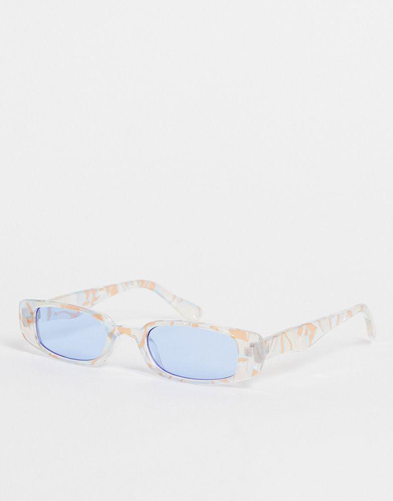 商品ASOS|ASOS DESIGN slim rectangle sunglasses with blue lens in pastel marble effect - MULTI,价格¥60,第1张图片