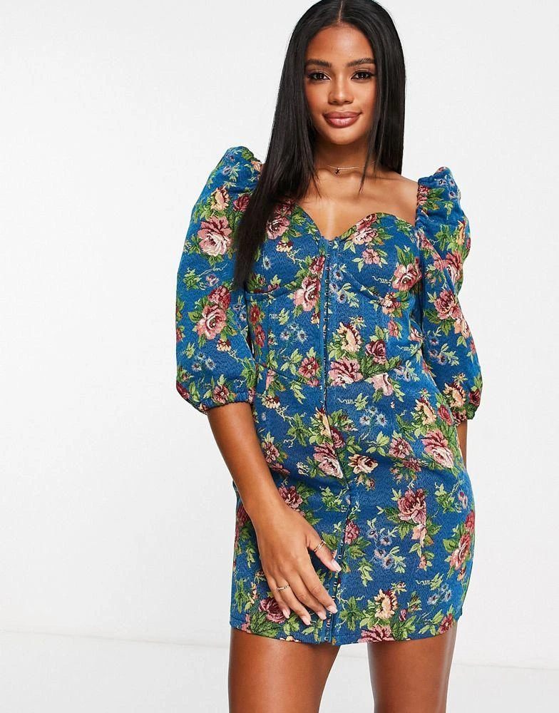 商品ASOS|ASOS DESIGN tapestry corset mini dress with long sleeves in blue floral,价格¥136,第3张图片详细描述