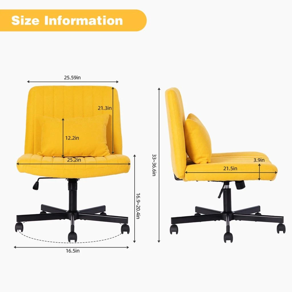 商品Streamdale Furniture|Streamdale Yellow Linen Armless Office Chair with Wheels,价格¥1101,第2张图片详细描述