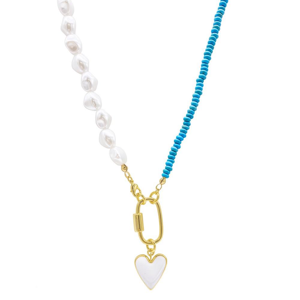 Turquoise and Freshwater Pearl Lock and Heart Pendant Necklace商品第3张图片规格展示