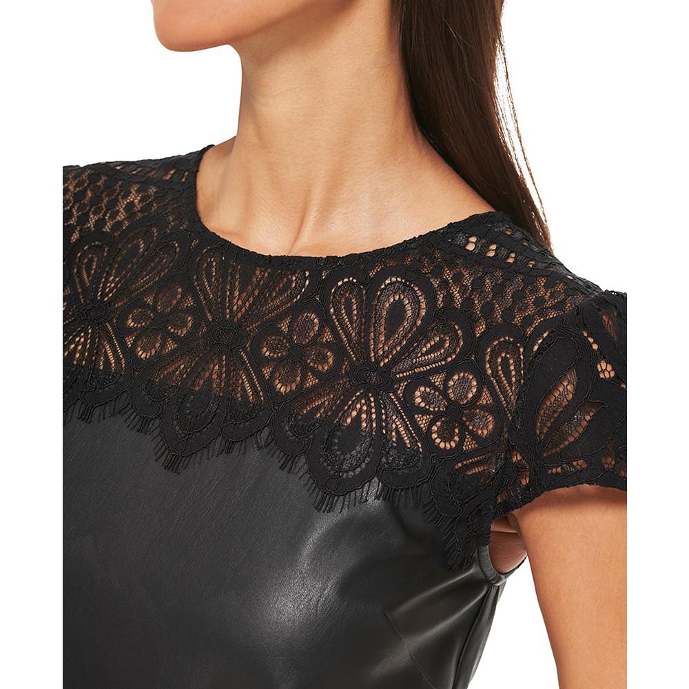 Women's Lace-Trim Faux-Leather Shift Dress商品第4张图片规格展示