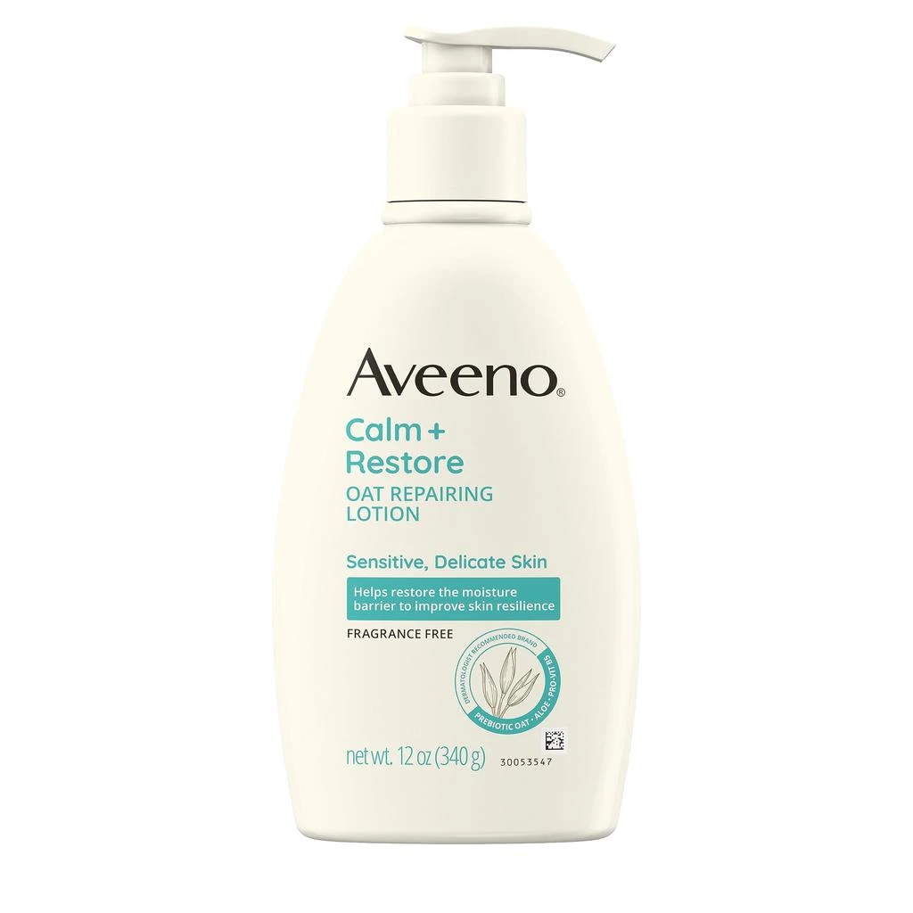 商品Aveeno|Aveeno Calm + Restore Oat Repairing Body Lotion for Sensitive Skin, Daily Moisturizer with Prebiotic Oat, Aloe & Pro-Vitamin B5 Helps Restore Skin's Moisture Barrier, Fragrance Free, 12 oz,价格¥108,第1张图片