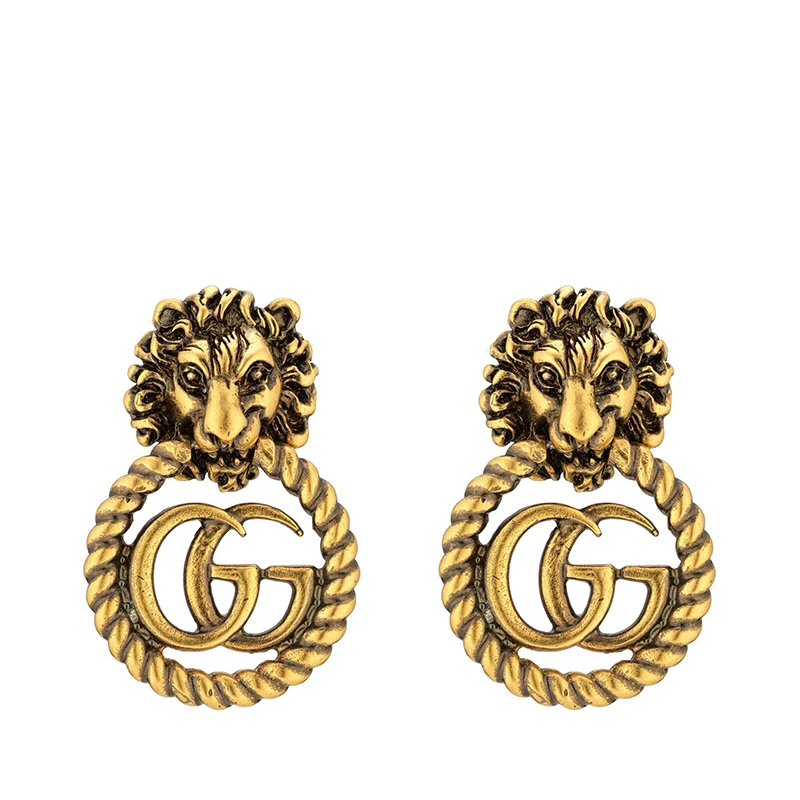 商品Gucci|GUCCI/古驰 Double G系列 金色金属狮子头双G带梭芯花边耳环605857I46000933,价格¥4731,第1张图片