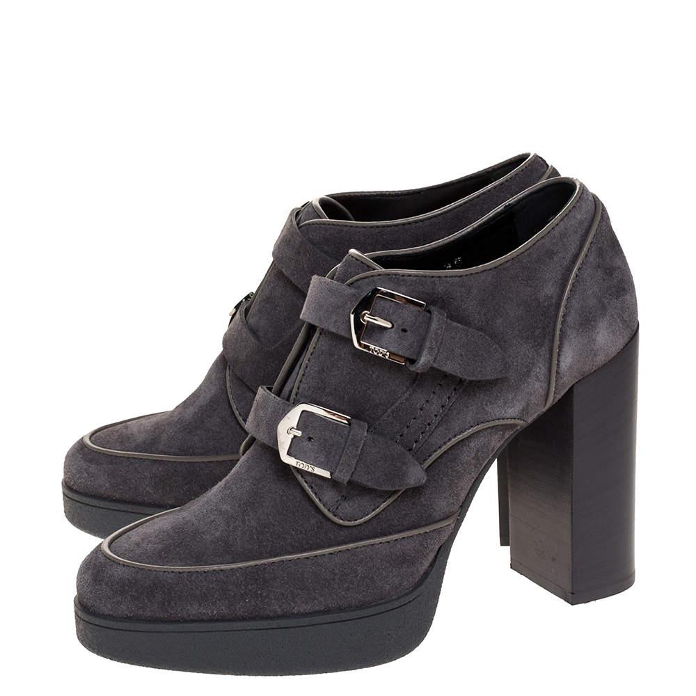 Tod's Grey Suede Leather Platform Block Heel Ankle Booties Size 39商品第4张图片规格展示