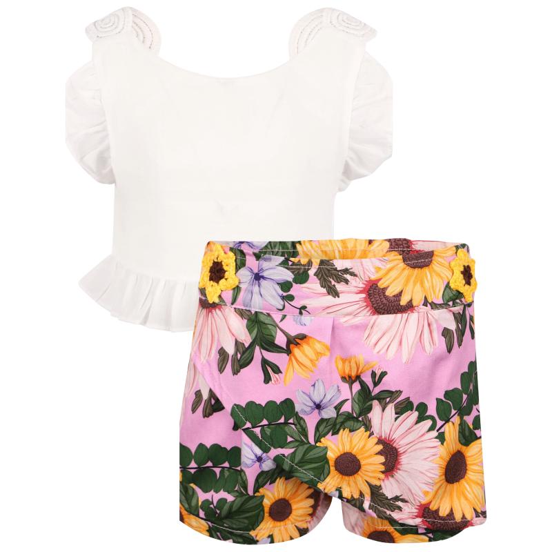 Ruffled top with lace back detailing and aop sunflowers skort set in white and pinkk商品第1张图片规格展示