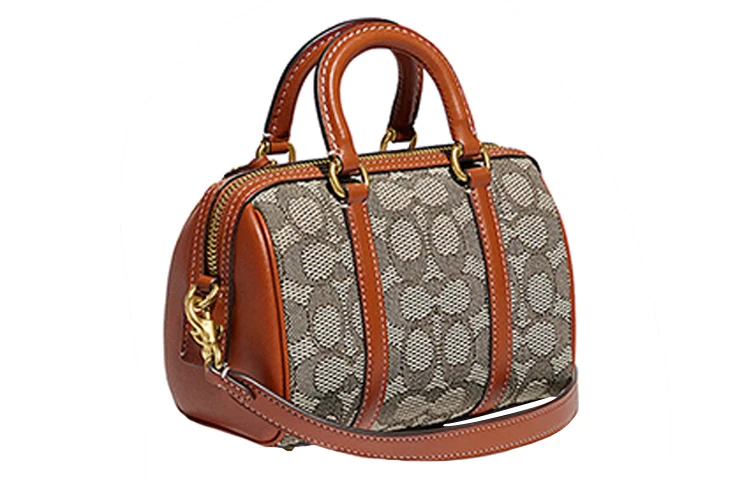 商品[国内直发] Coach|蔻驰 Ruby 经典标志提花 织物配牛皮革 波士顿包手提单肩斜挎包 小号 女款 棕色老花,价格¥3203,第3张图片详细描述