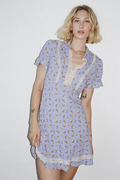 chinese dress ladies Lavender Floral Mini Dress - Lace Trim Ruffle V-Neck Cotton Dress main image 0