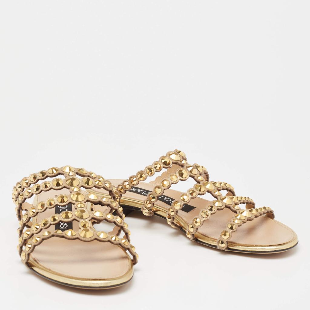 Sergio Rossi Gold Crystal Studded Leather Flat Slides Size 36商品第4张图片规格展示