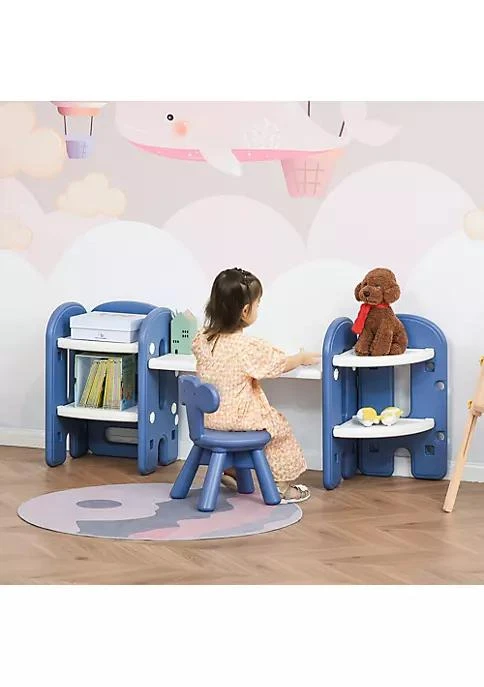 商品Qaba|Kids Table And Chair Set Activity Desk With Bookshelf And Storage For Study Activities Arts Or Crafts Blue And White,价格¥457,第2张图片详细描述