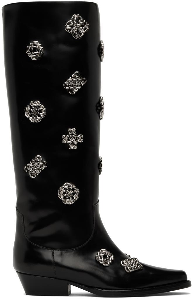 商品Toga Pulla|SSENSE Exclusive Black Leather Embellished Tall Boots,价格¥4444,第1张图片