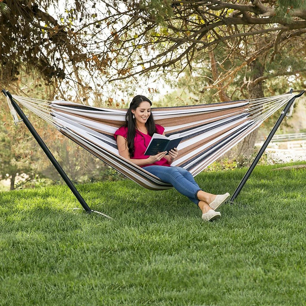 商品QuikFurn|Portable Cotton Hammock in Desert Stripe with Metal Stand and Carry Case,价格¥2469,第2张图片详细描述