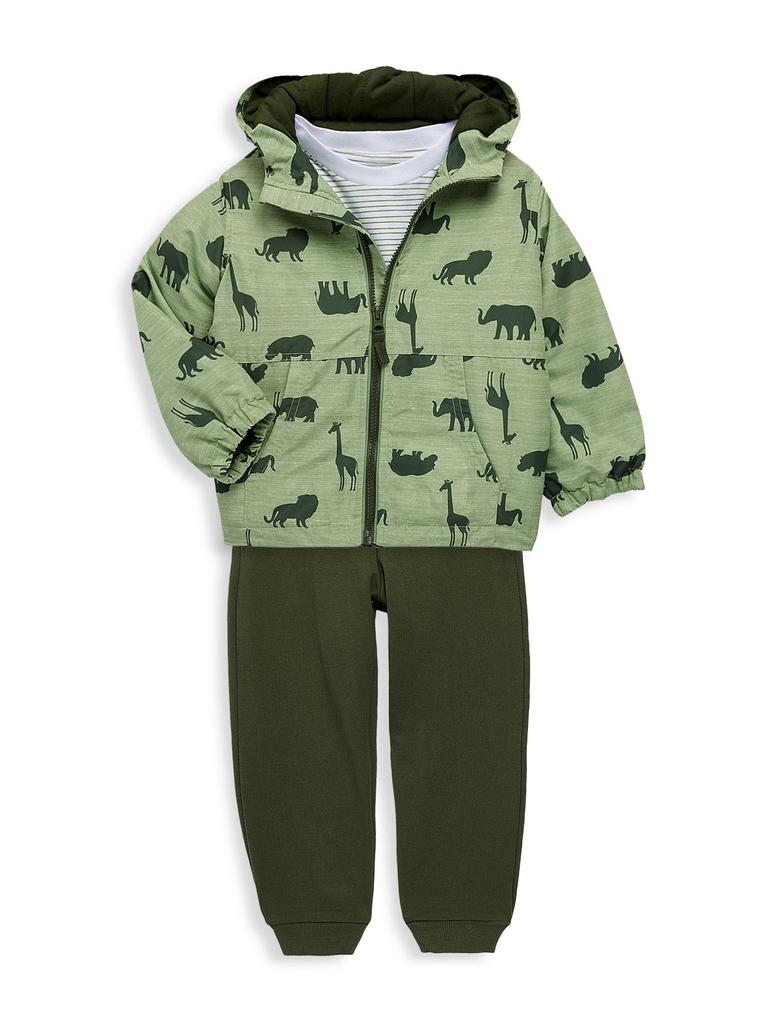 Little Boy's 3-Piece Animal-Print Hooded Jacket, Striped T-Shirt & Joggers Set商品第1张图片规格展示