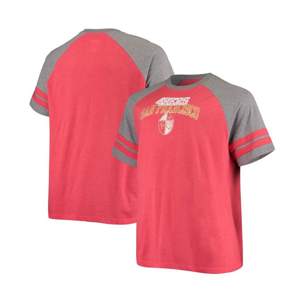 商品Fanatics|Men's Big and Tall Scarlet, Heathered Gray San Francisco 49Ers Throwback 2-Stripe Raglan T-shirt,价格¥299,第1张图片