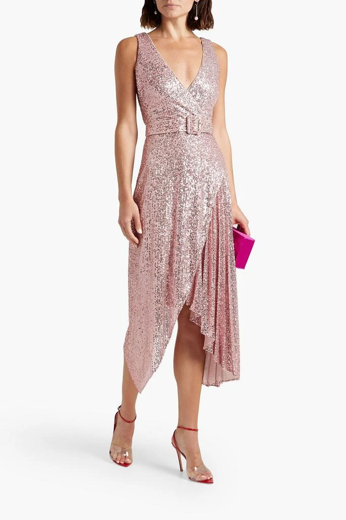 商品Badgley Mischka|Belted wrap-effect embellished stretch-tulle dress,价格¥2461,第2张图片详细描述