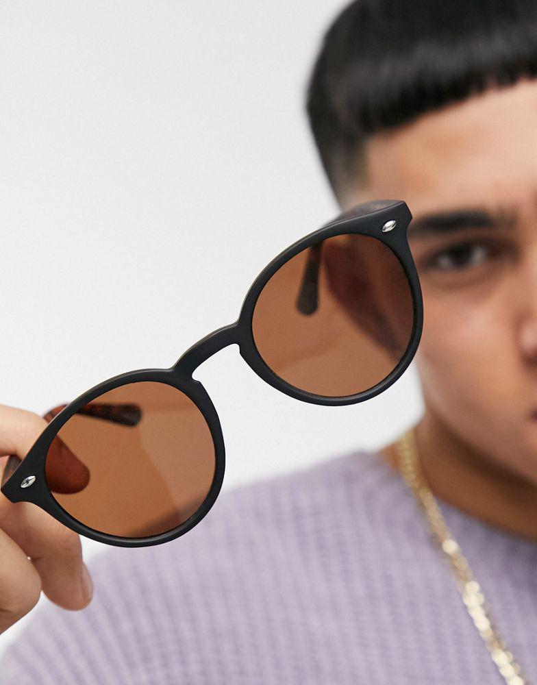 ASOS DESIGN frame round sunglasses in black with tortoiseshell detail - BLACK商品第2张图片规格展示