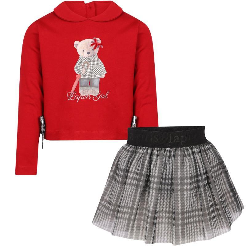 商品Lapin House|Teddy print shirt and checkered mesh skirt set in red and gray,价格¥1355-¥1444,第1张图片