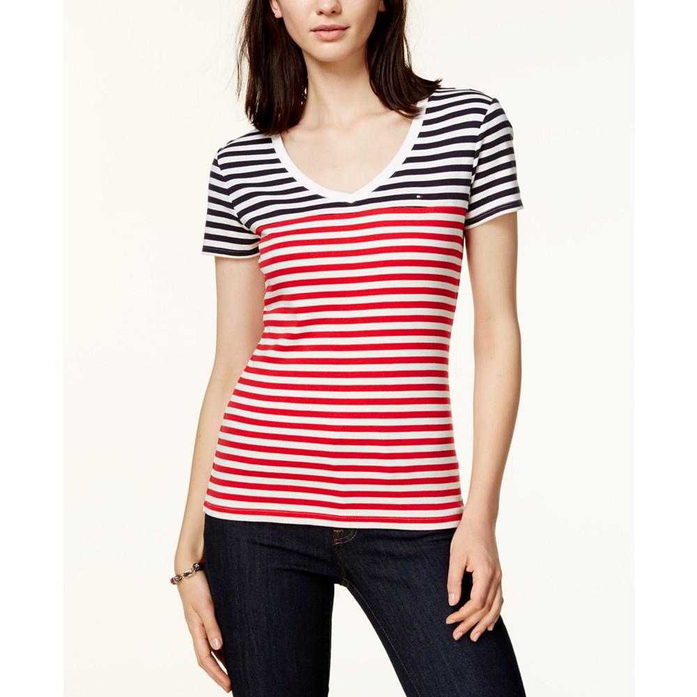 Women's Cotton Striped V-Neck Top商品第1张图片规格展示