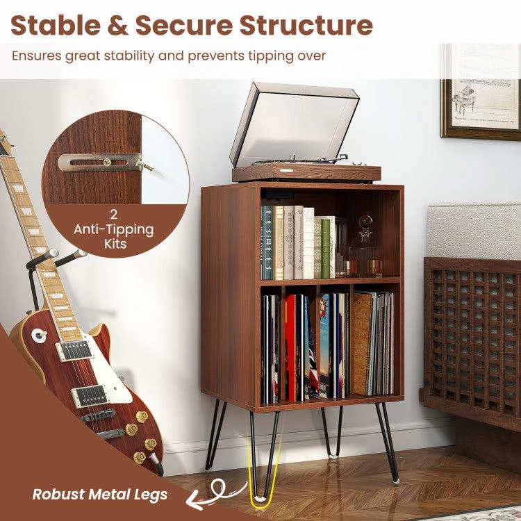 商品Hivvago|Record Player Stand with Charging Station Turntable Stand with Vinyl Storage-Walnut,价格¥1035,第4张图片详细描述