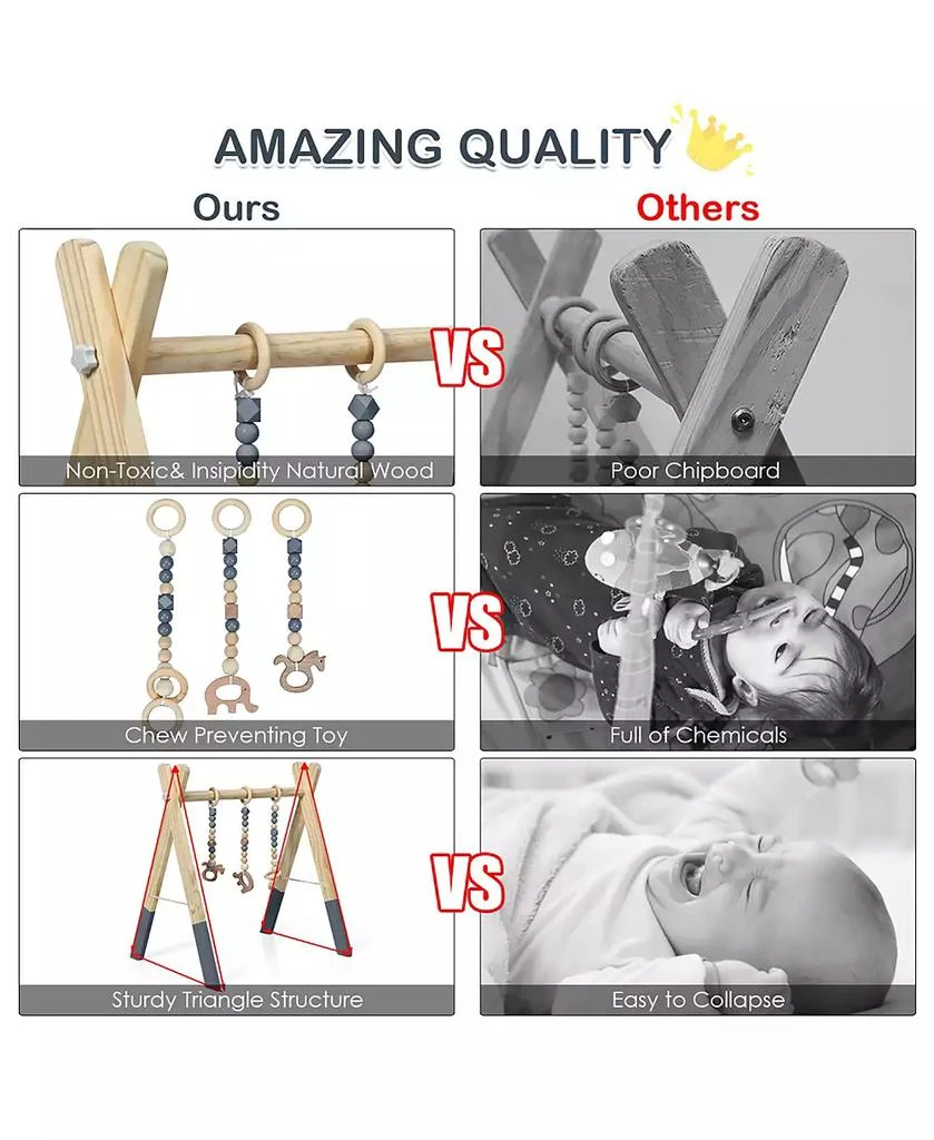 Baby Foldable Wooden Gym with 3 Wooden Teething Toys 商品