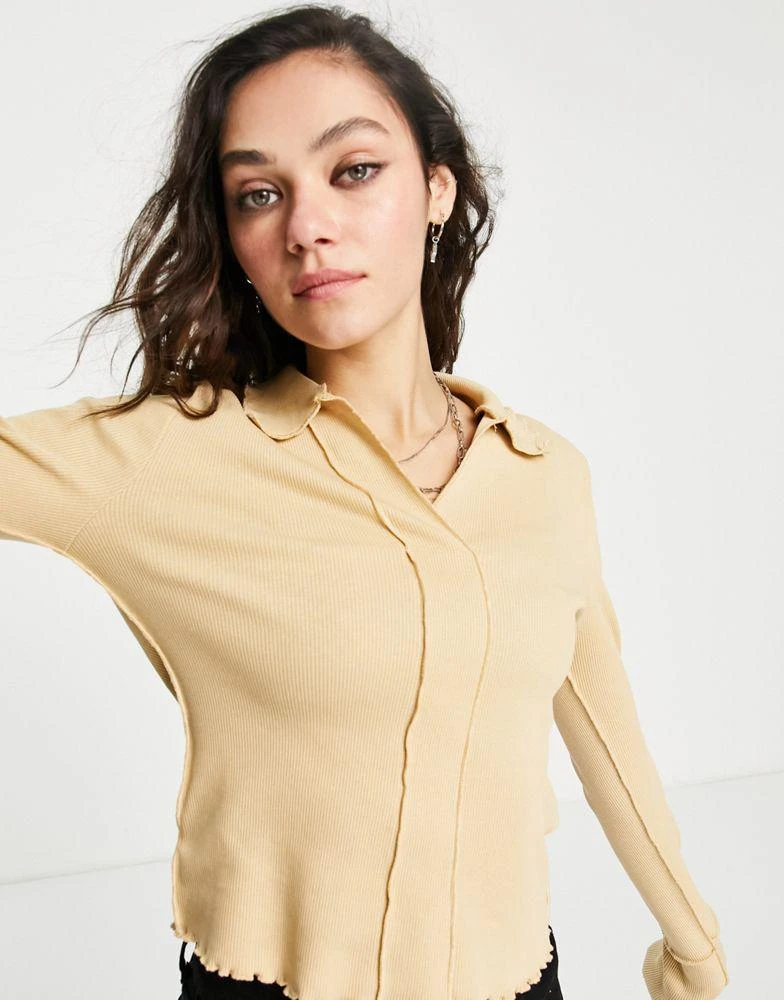 商品Topshop|Topshop compact rib seam collar long sleeve in honey,价格¥98,第2张图片详细描述