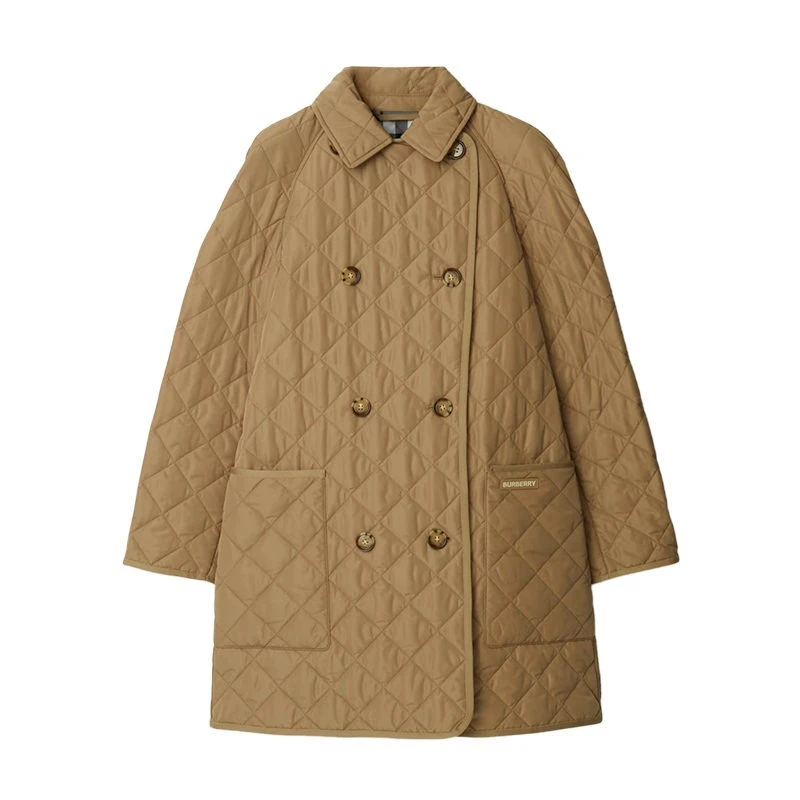 商品Burberry|【现货】博柏利 女士棕色聚酯制Logo标贴翻领双排扣棉服 80842001,价格¥3736,第1张图片