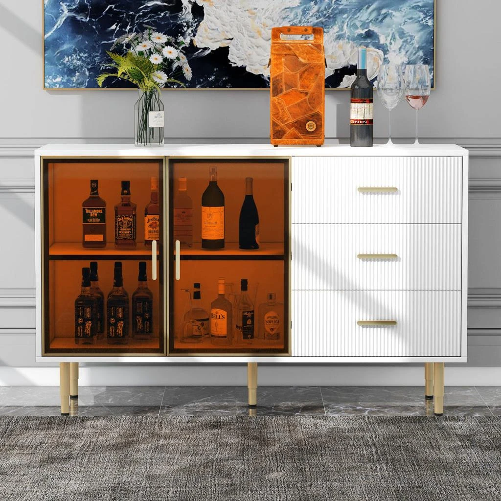 商品Simplie Fun|Modern Sideboard MDF Buffet Cabinet Marble Sticker Table Top and Amber-yellow Tempered Glass Doors,价格¥4866,第2张图片详细描述
