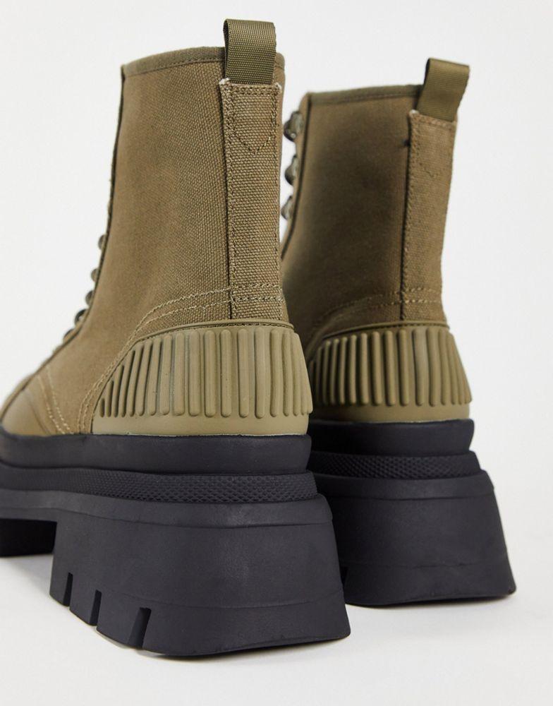 ASOS DESIGN lace up boots in khaki canvas on chunky sole商品第2张图片规格展示