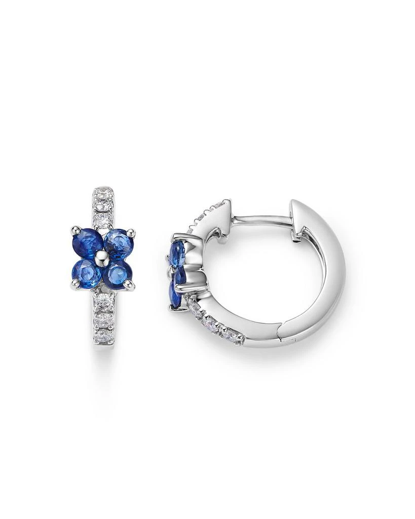 Blue Sapphire & Diamond Flower Huggie Hoop Earrings in 14K White Gold 商品