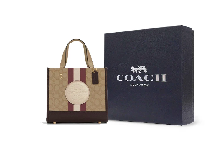 商品[国内直发] Coach|蔻驰 Dempsey 22 经典老花Logo贴标 织物拼皮革 托特包Tote包购物袋单肩斜挎手提包 小号 女款 浅卡其色,价格¥2087,第6张图片详细描述