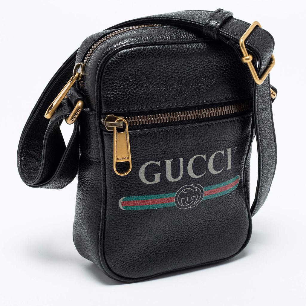 Gucci Black Leather Logo Print Messenger Bag商品第3张图片规格展示