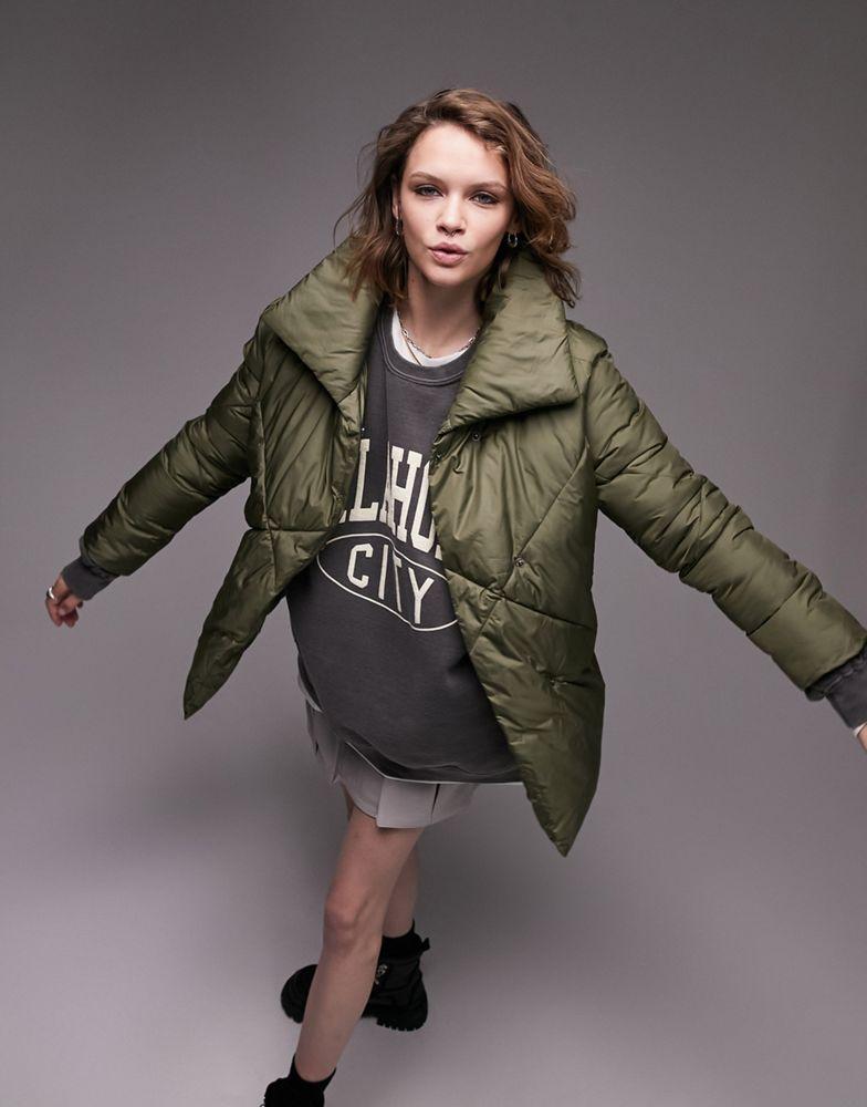 Topshop mid length tie belted puffer jacket in green商品第3张图片规格展示