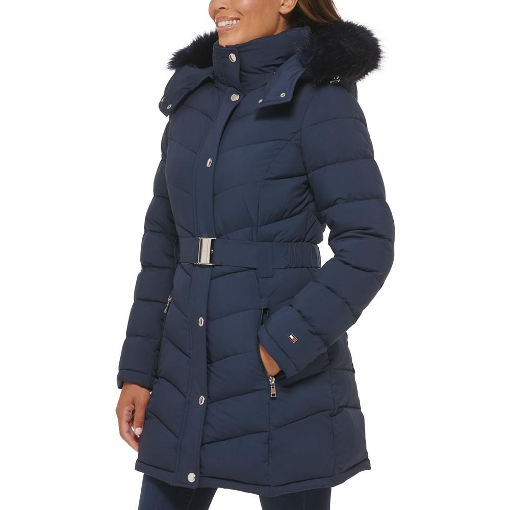 Women's Belted Faux-Fur-Trim Hooded Puffer Coat, Created for Macy's商品第3张图片规格展示