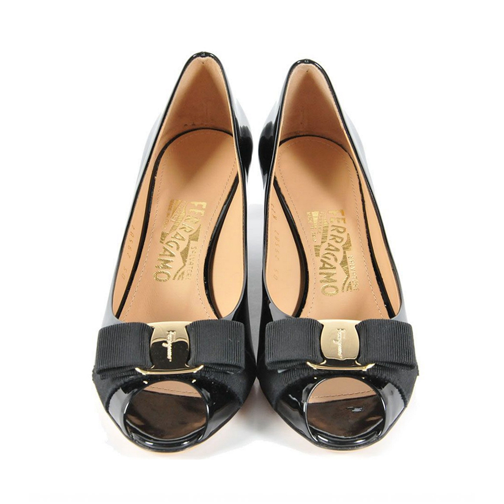 SALVATORE FERRAGAMO 女鞋黑色漆皮鱼嘴坡跟高跟鞋 0531539商品第4张图片规格展示