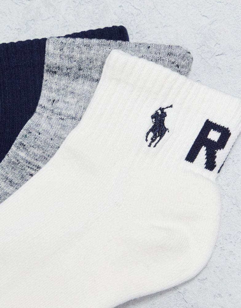 Polo Ralph Lauren 3 pack quarter length socks in grey, white, navy with pony NYC logo商品第3张图片规格展示