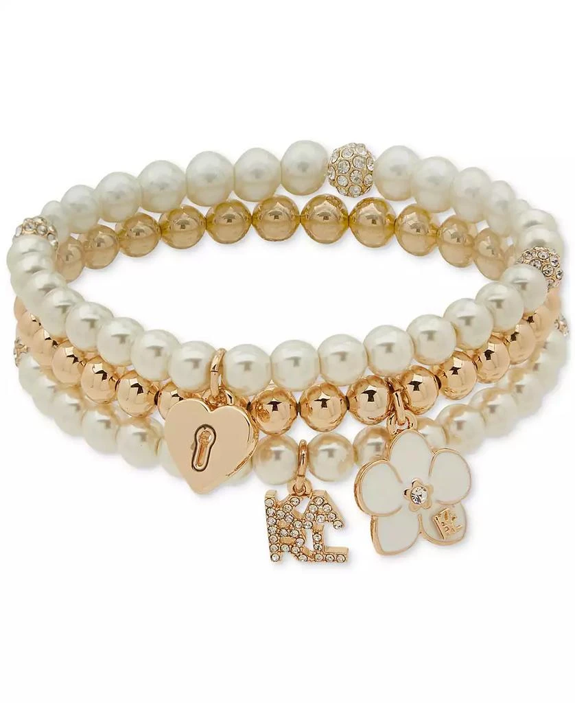 商品Karl Lagerfeld Paris|Gold-Tone Imitation Pearl Three Row Charm Orchid Stretch Bracelet,价格¥353,第1张图片