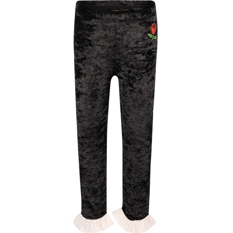商品Mini Rodini|Crushed velour leggings with eyelet lace ruffles in black,价格¥318,第1张图片