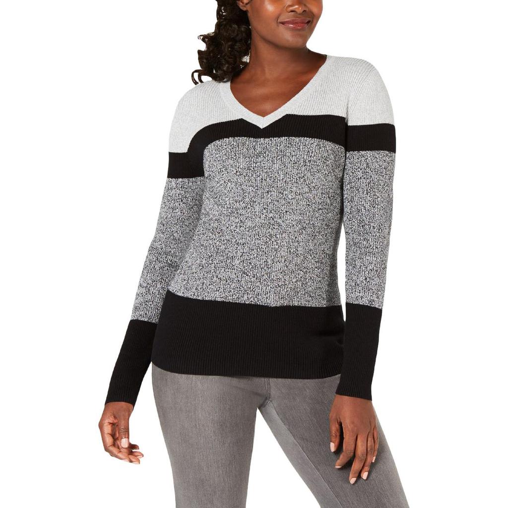 Karen Scott Womens Colorblock Ribbed Knit Pullover Sweater商品第1张图片规格展示